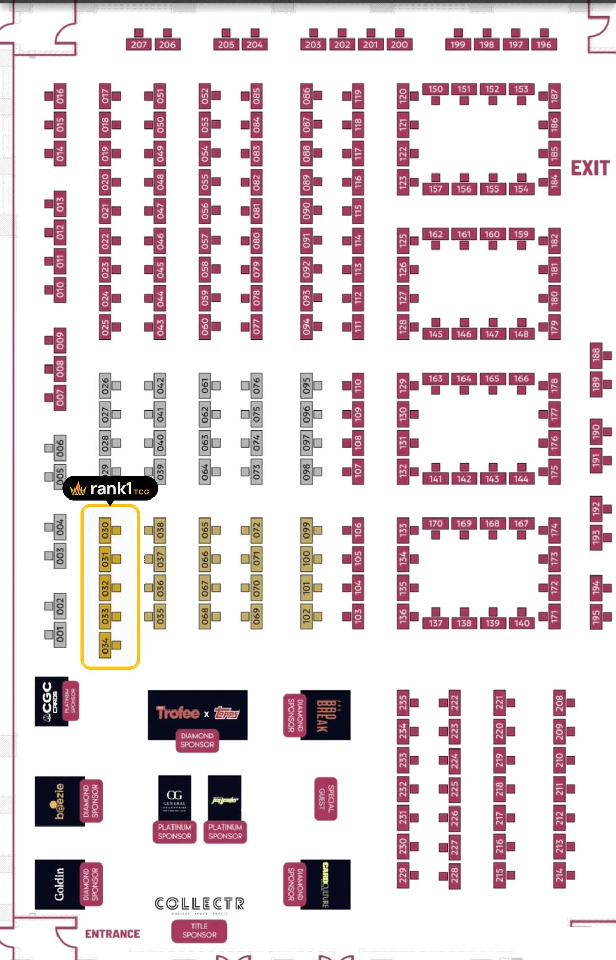 Dubai Card Show floor plan with Rank1TCG at tables 030–034, on the left side behind the CGC booth